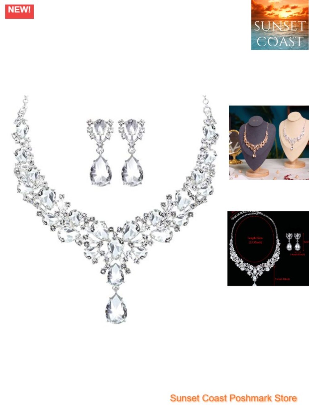 Teardrop Cluster Crystal Necklace and Earrings Set, Alloy, Lobster Clasp, Bridal